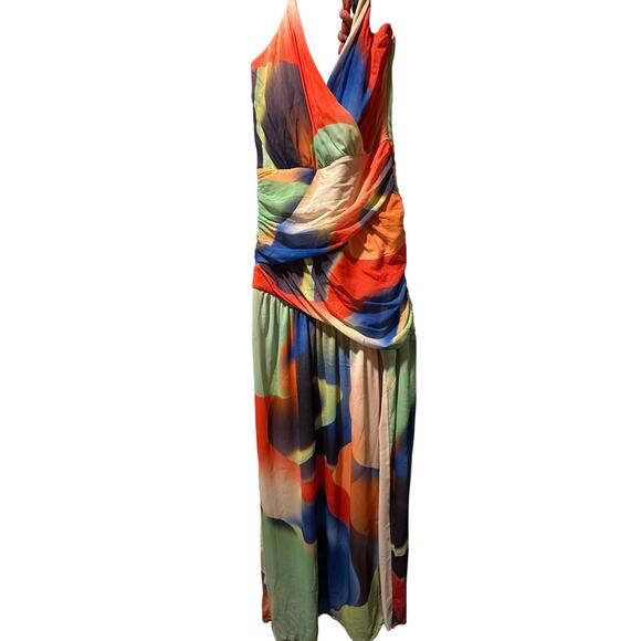 NWT Nicholas Womens Multi-Color Maxi Cocktail Dress Ruched Halter - Picture 3 of 8